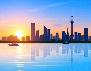 Obraz premium City skyline at sunrise over water (1)