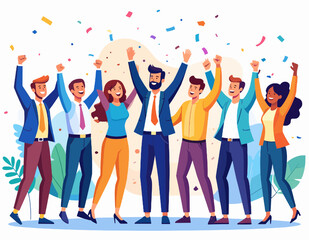 Diverse Team Celebrating Success with Confetti in a Cheerful Office Environment Flat Illustration Graphic Vector Design