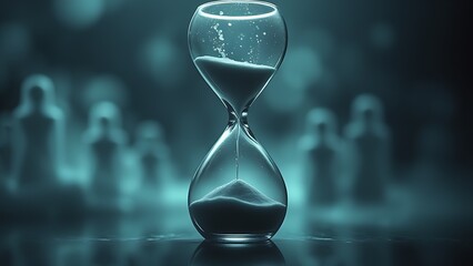 An hourglass with liquid time dripping away, surrounded by faint ghostly silhouettes, symbolizing fleeting moments of life.