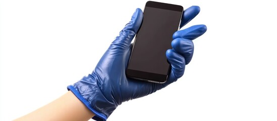 Gloved hand holding a smartphone against a clean white backdrop for hygiene promotion