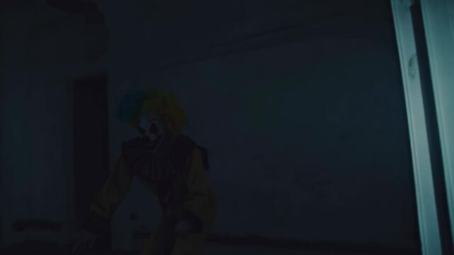 Creepy clown with crazy smile on his face suddenly appears around the corner in darkroom. Terrible clown with a colorful makeup in a festive costume