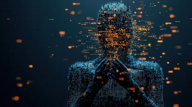 AIgenerated digital glitch god, abstract divine figure surrounded by shifting pixels and code