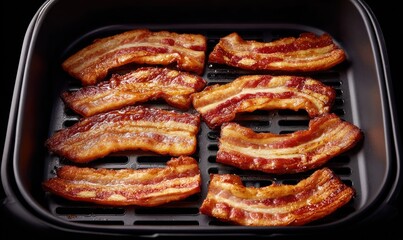 Crispy bacon slices arranged on a black air fryer basket
