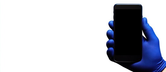 Sterile grip: Mobile phone controlled by protective gloved hand against blank backdrop