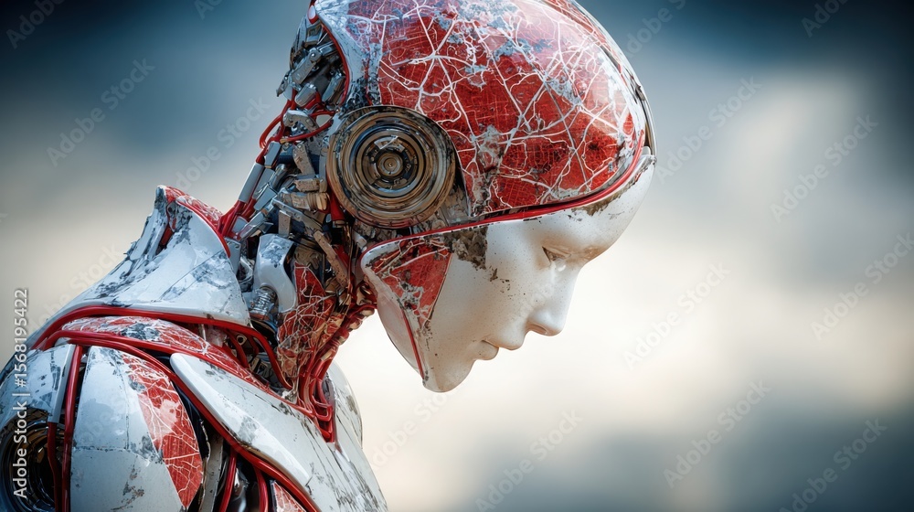 Poster striking robot with red head characterizing ai-powered trade execution bot in dashboard design conce