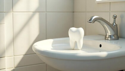 Fototapeta premium 3D Tooth Model in White Bathroom – Symbol of Oral Hygiene and a Healthy SmileDental Health Concept – 3D Tooth in Clean, Modern White Bathroom SettingToothcare Visual – 3D Tooth Model on Bathroom C
