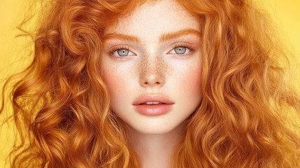 Radiant Beauty: A stunning portrait of a young woman, showcasing her natural beauty with a cascade of fiery red curls and freckled skin, illuminated by soft lighting.