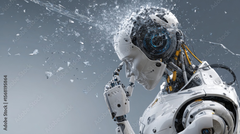 Aufkleber damaged robot with a broken face representing challenges in business continuity planning and risk ma