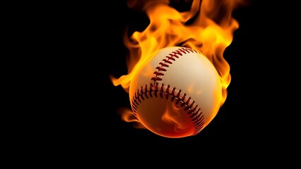 Baseball engulfed in flames on a black background with intense orange glow.