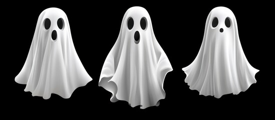 Spooky trio of adorable ghostly figures on a stark black canvas backdrop