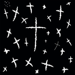 Array of White Hand-Drawn Crosses on a Dark Background