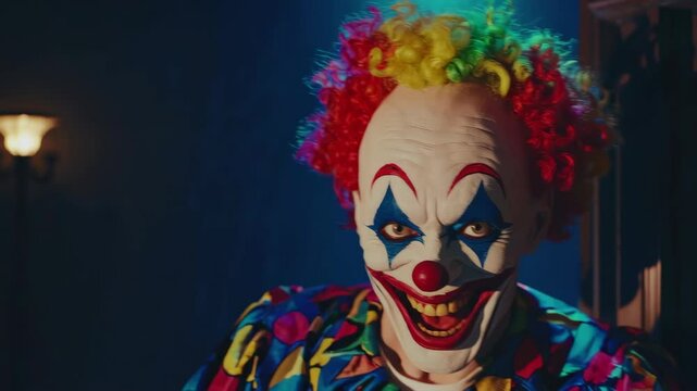 Creepy clown with crazy smile on his face suddenly appears around the corner in darkroom. Terrible clown with a colorful makeup in a festive costume