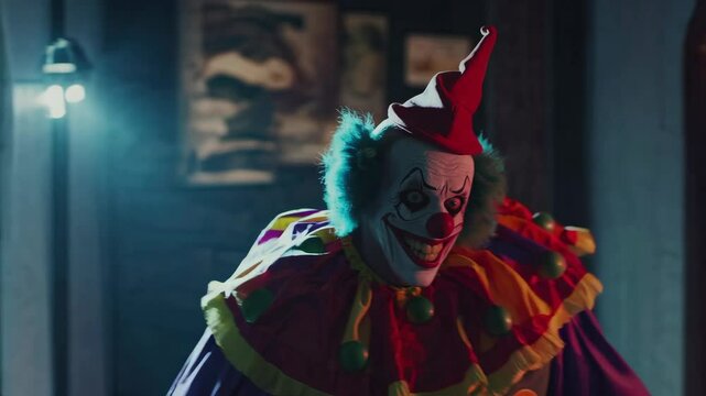 Creepy clown with crazy smile on his face suddenly appears around the corner in darkroom. Terrible clown with a colorful makeup in a festive costume