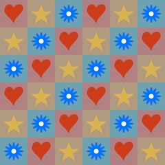 Colorful seamless checkered pattern background with hearts, stars, and flowers.