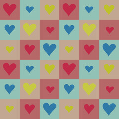 Colorful seamless checkered pattern with hearts.