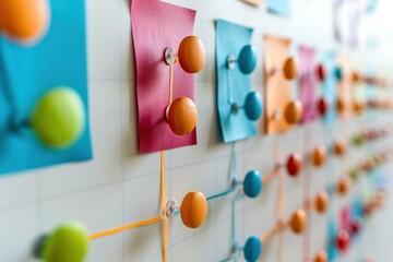 Colorful push pins linked with string illustrating business process management methodology