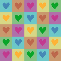 Colorful seamless checkered pattern with hearts.