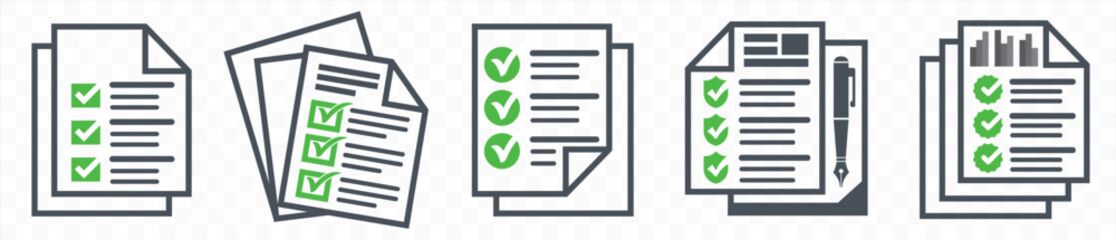 Paper document icon set. Clipboard, checklist, report, survey or agreement  outline icons set. Folded written paper document page icon vector element. Linear File icon in different styles. vector 