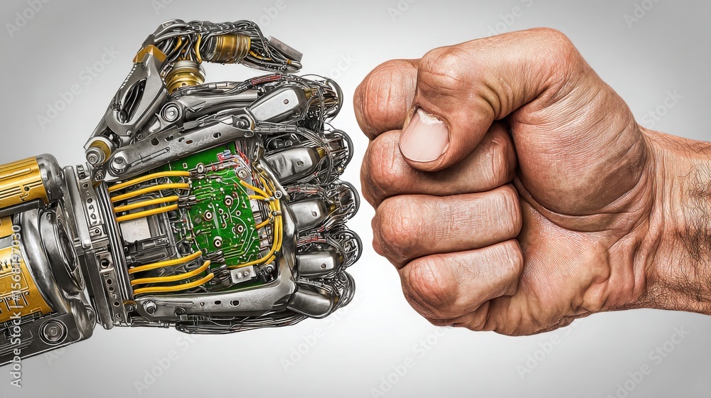 Poster hand holding a mechanical device representing ai conflict resolution as an abstract representation o