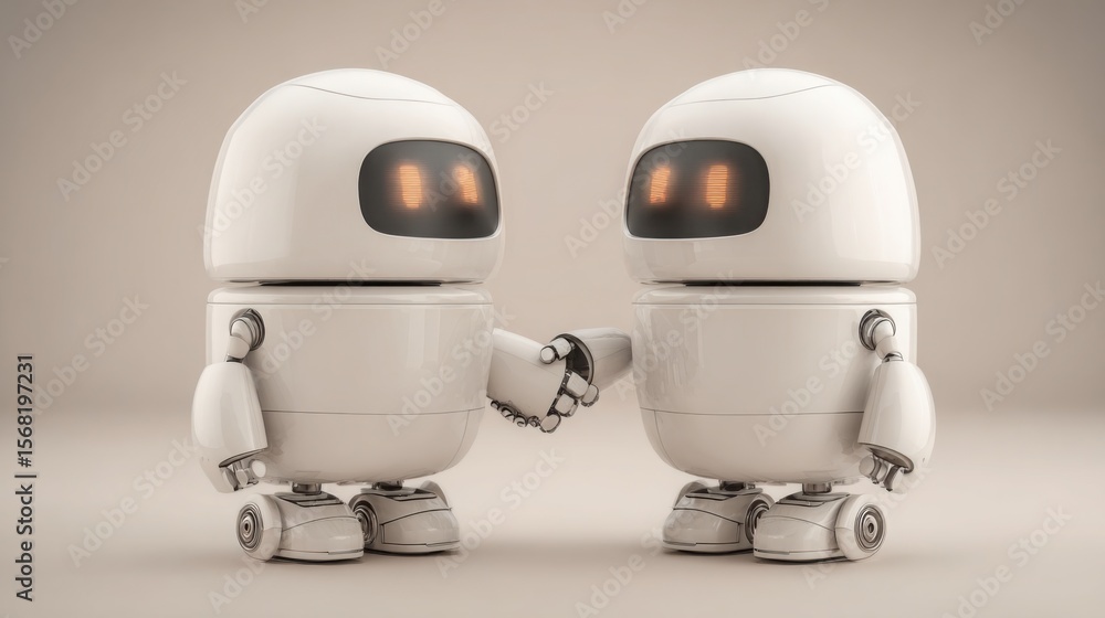 Poster two robots facing each other in a friendly gesture representing ai deal broker concept and collabora