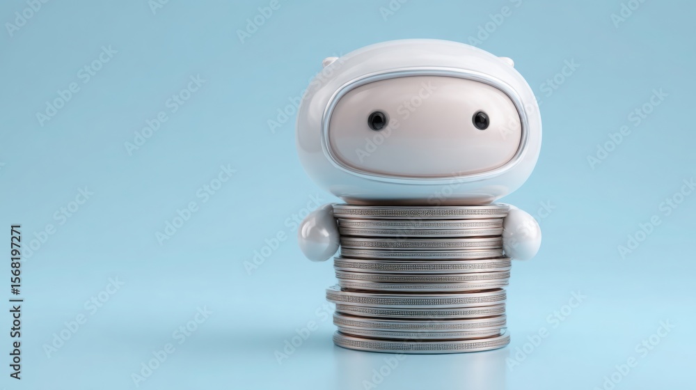 Poster a small robot standing proudly on a stack of coins representing financial management and future fore