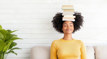 Mindful Balance: An woman in a serene, minimalist living room is balanced with a stack of books, a playful yet thoughtful embodiment of learning and mindfulness.