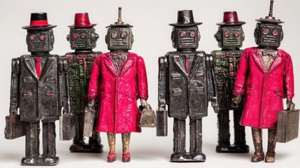 Three vintage tin soldiers displayed together representing unity and strength in a playful military theme