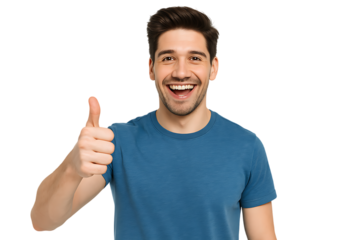 Young man showing thumbs up isolated on transparent background