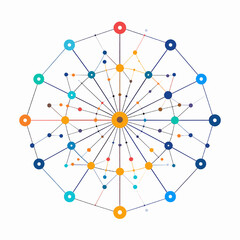 Geometric Abstract Network Design with Circular Nodes Dotted Lines and Vibrant Color Palette against White Backdrop