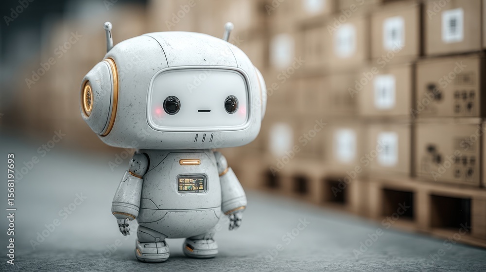 Poster sophisticated robot positioned in front of a high stack of boxes for effective inventory management 