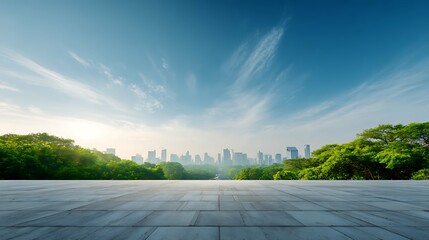 empty square floor with city skyline, forest
