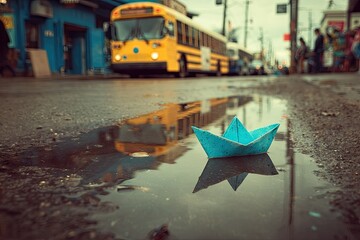A vibrant blue origami boat rests in a puddle on a city street, reflecting the yellow school bus