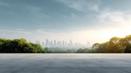 empty square floor with city skyline, forest