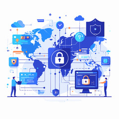 Global Network Security with Blue World Map Data Protection Cloud Computing and Figures Working on Cybersecurity Infrastructure