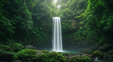 A serene waterfall cascades into a tranquil pool surrounded by vibrant green jungle foliage.