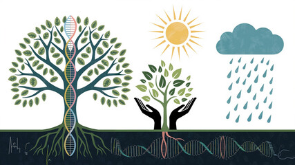 Nature's cycle illustrated with trees, sun, rain, and DNA strands  
