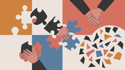Puzzle pieces being assembled by hands in abstract style  