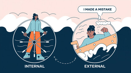 Illustration of internal vs external thoughts with person in boat  