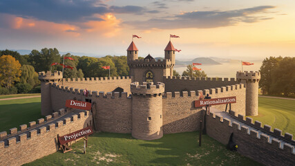 Medieval castle with towers and flags during sunset on hills  