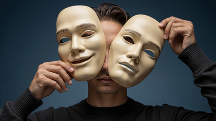 Young man holding two masks representing different emotions  