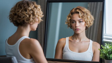 Young woman with curly hair looking at her reflection in mirror  