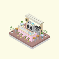 Culinary Showcase, Modern Kitchen Design, Urban Setting, Illustration, Vibrant Atmosphere, Aerial View, Conceptual Art