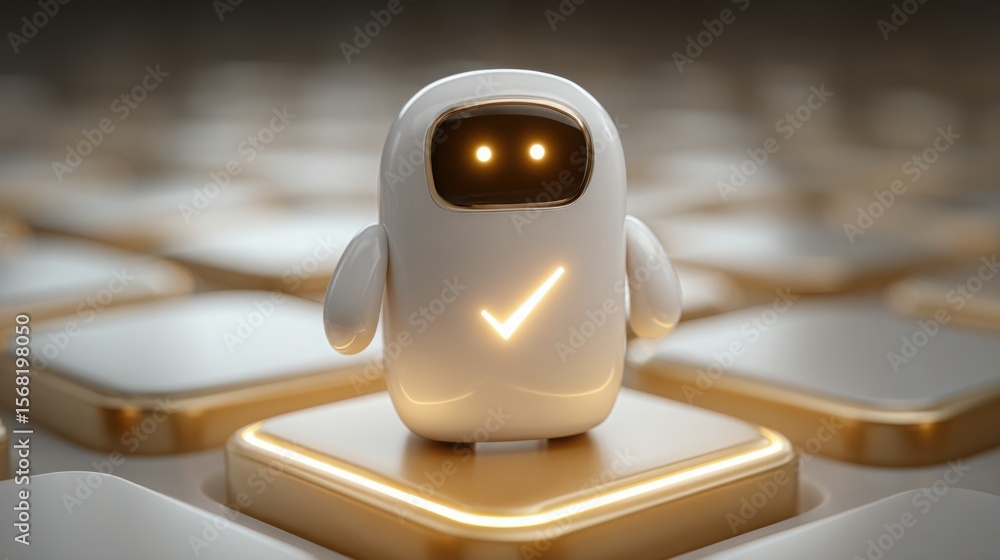 Poster robot standing on a computer keyboard as a symbol of technology and analysis in product-market fit d