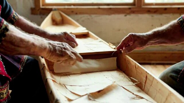 Traditional birch bark canoe building by indigenous craftsmen