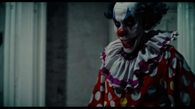 Creepy clown with crazy smile on his face suddenly appears around the corner in darkroom. Terrible clown with a colorful makeup in a festive costume