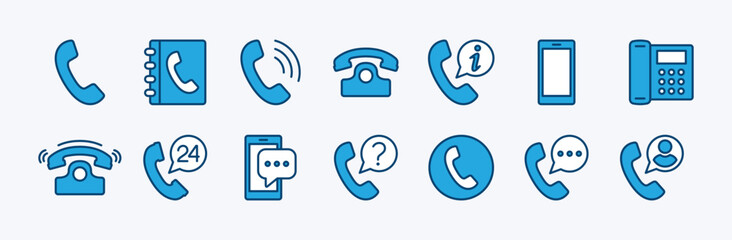 Set of contact icon. Contains phone button, ringing, telephone number book, smartphone, call information, message, call center, telecommunication, 24 hours support, office phone. Vector illustration