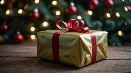 The box is wrapped in red and white paper and has a bow on top