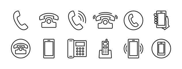 Phone icon set. Contains telephone button, ringing, smartphone, mobile device, call, cell phone, contact, office phone, landline. Telecommunication or communication symbol. Vector illustration