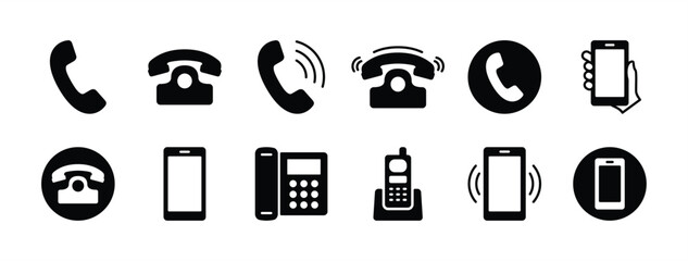 Phone icon vector set. Contains telephone button, ringing, smartphone, mobile device, call, cell phone, contact, office phone, landline. Telecommunication or communication symbol. Illustration