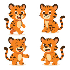 Four Cartoon Tiger Cubs Displaying Different Emotions and Poses on a White Background